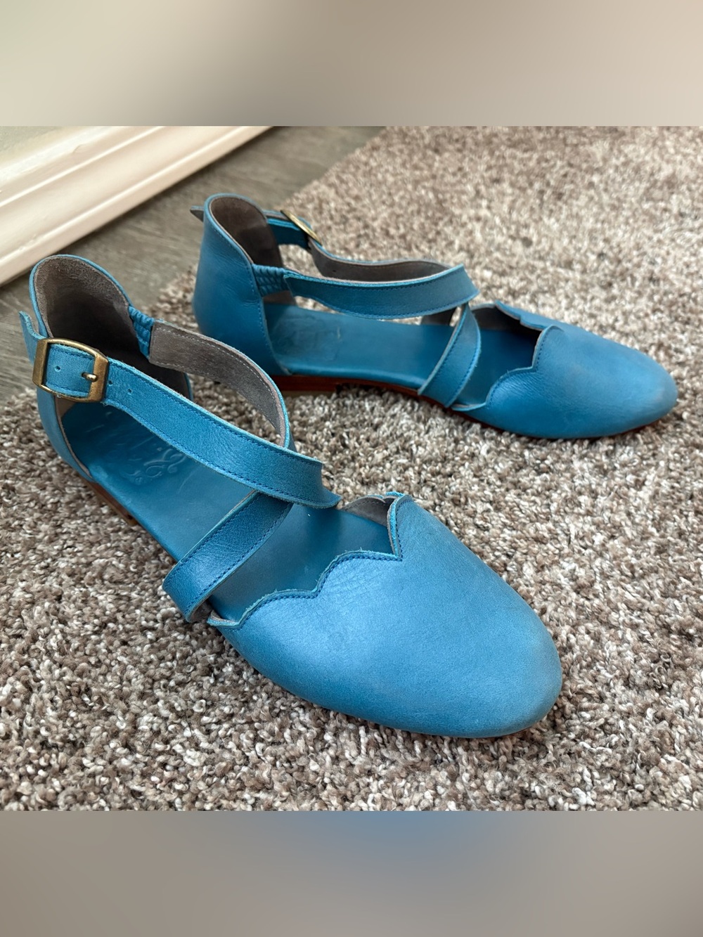 Bali Elf ladies turquoise blue criss cross buckle strap Mary Jane flats